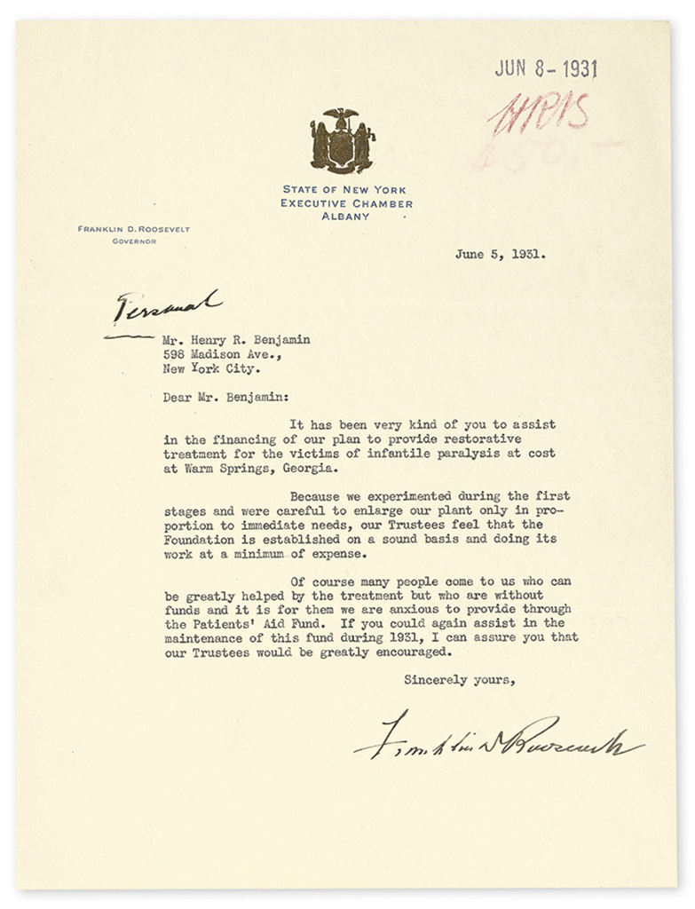 ROOSEVELT, FRANKLIN D. Typed Letter Signed, as Governor, to Henry R. Benjamin,